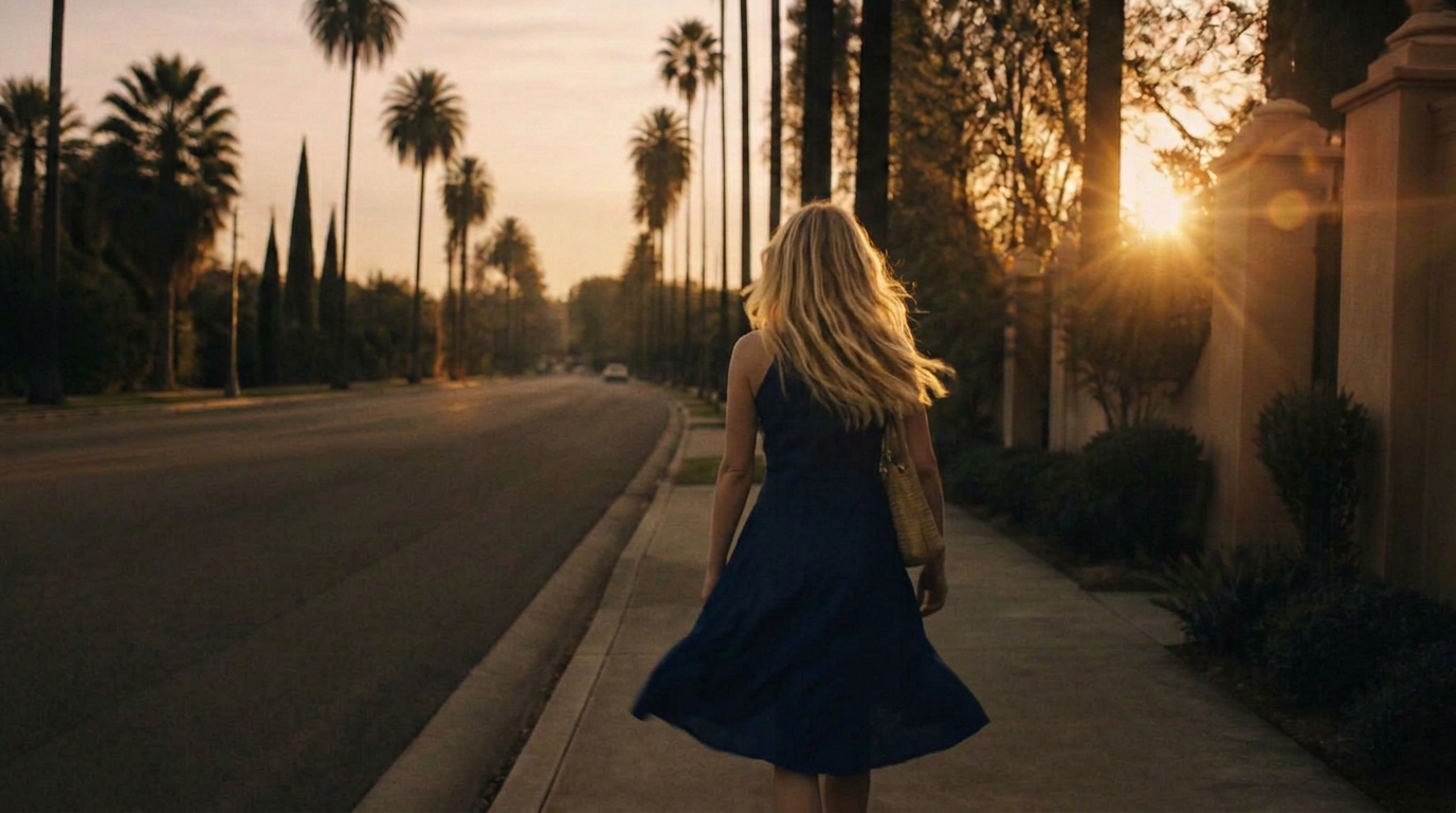 Golden hour street lined with palms